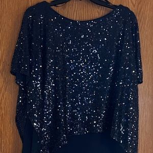 Jessica Howard evening dress Navy blue sequined with draped overlay worn once